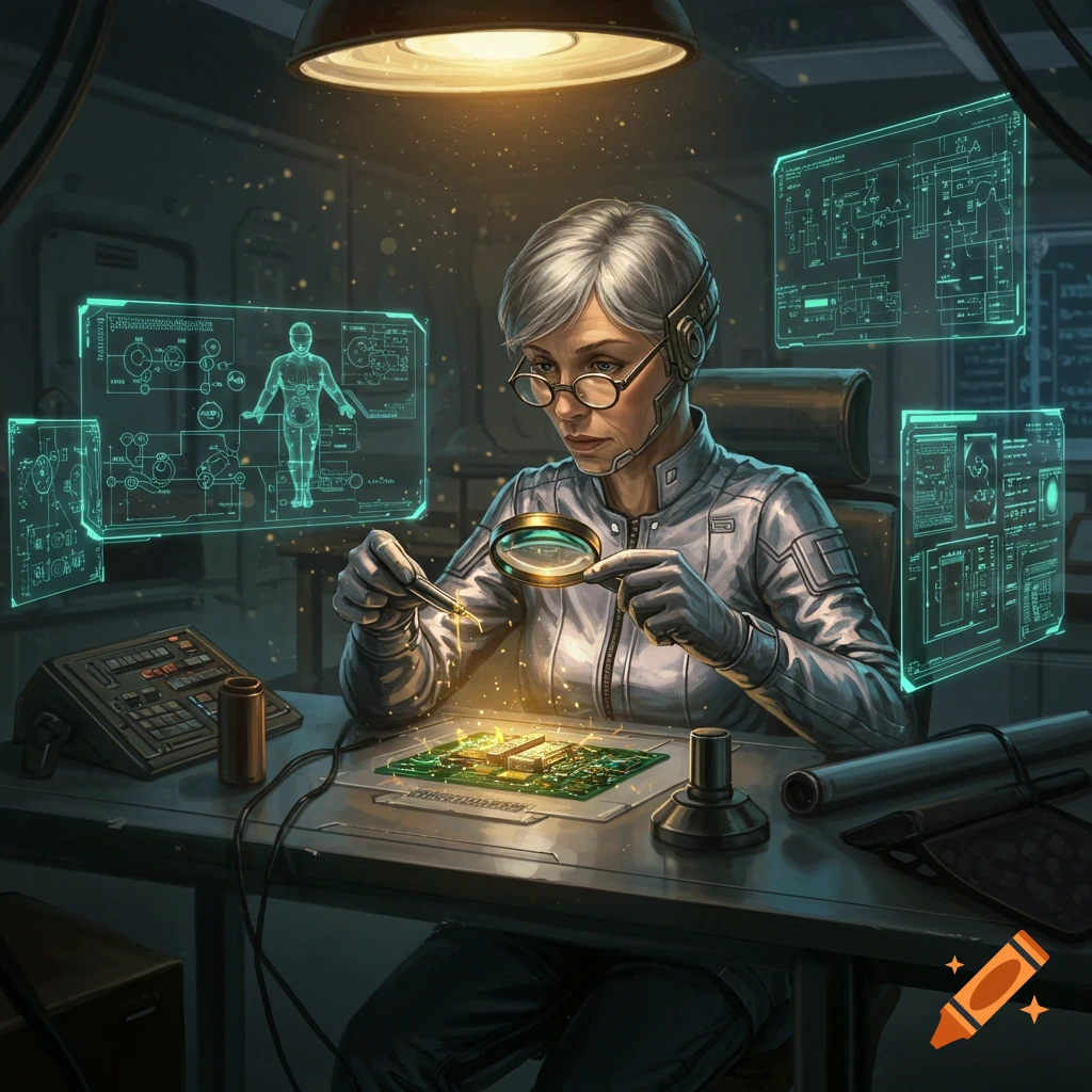 A female engineer with glasses and a headset examines a glowing circuit board with a magnifying glass, surrounded by holographic technical displays in a futuristic lab.