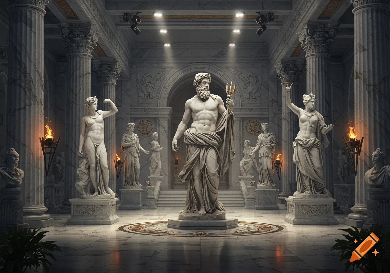 A grand hall with marble columns, dramatic lighting, and numerous classical Greek and Roman statues, including a large figure of Zeus.