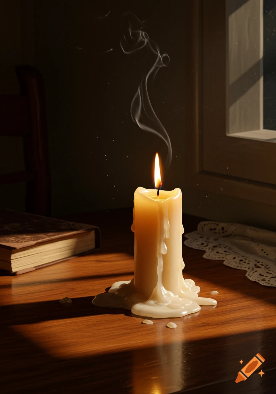 A photorealistic image of a burning candle with melted wax and smoke on a polished wooden table, a book and window in the background.
