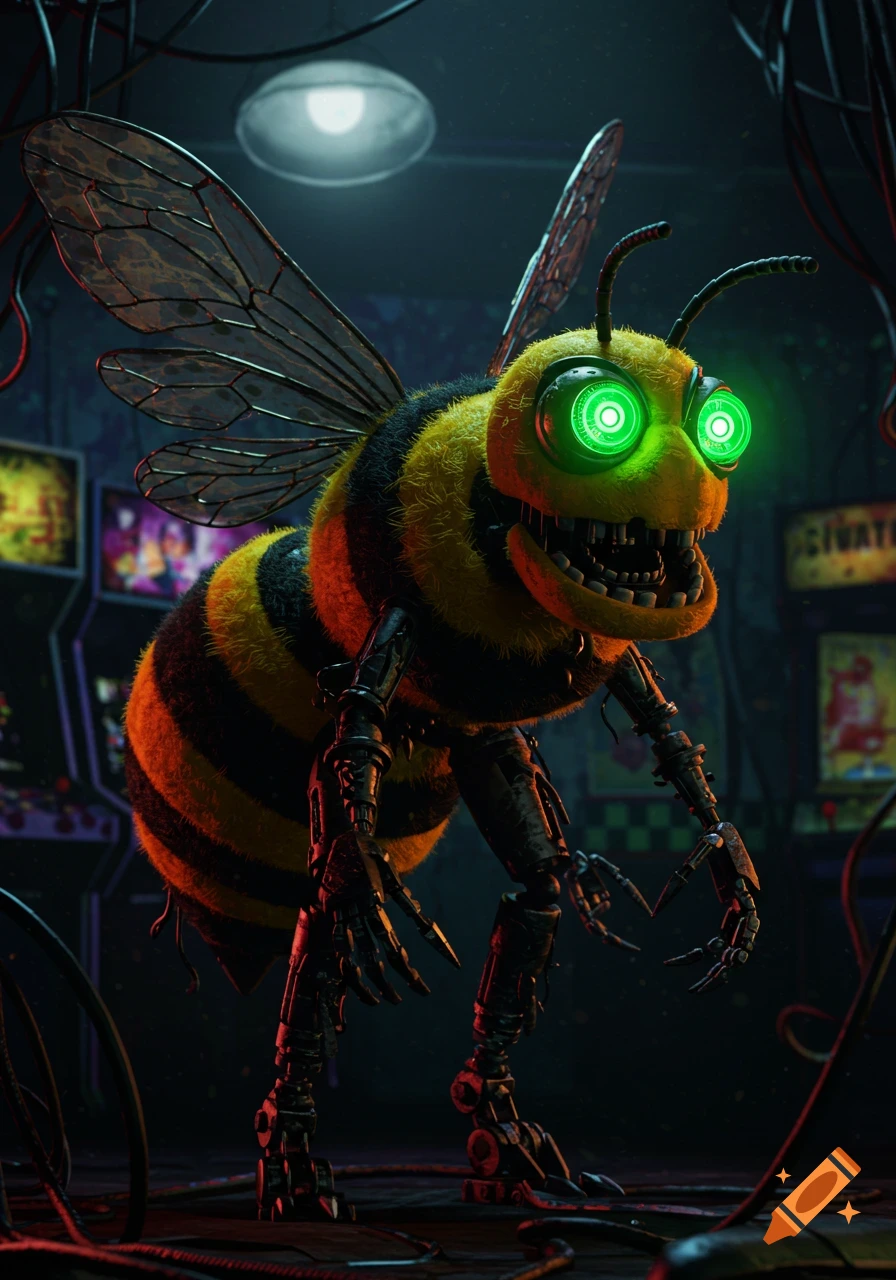 Scary animatronic bumblebee with glowing green eyes and metallic limbs stands in a dark, wires-strewn arcade.