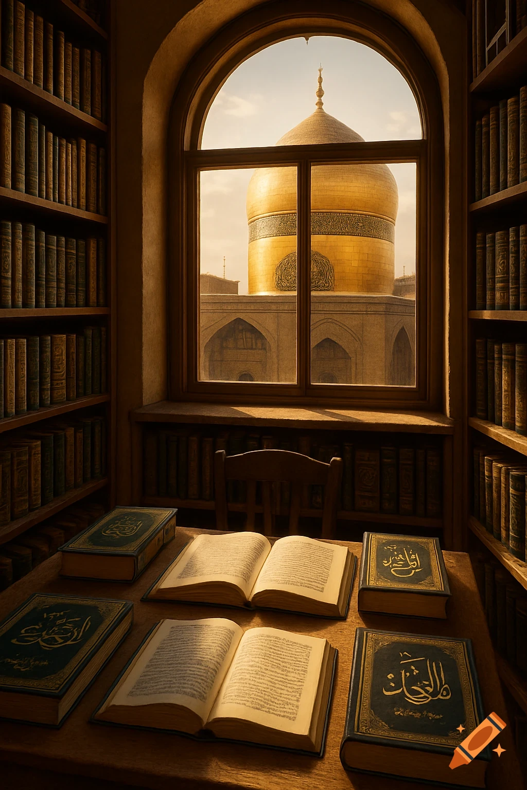 Hyper-realistic photo of a library with an arched window viewing a golden mosque dome, surrounded by bookshelves and Islamic books.