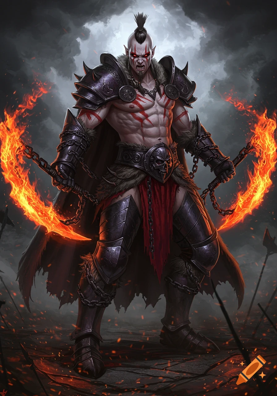 A muscular, pale-skinned fantasy warrior with red eyes, war paint, dark armor, and a mohawk, dual-wielding flaming chain blades in a fiery, dark setting.
