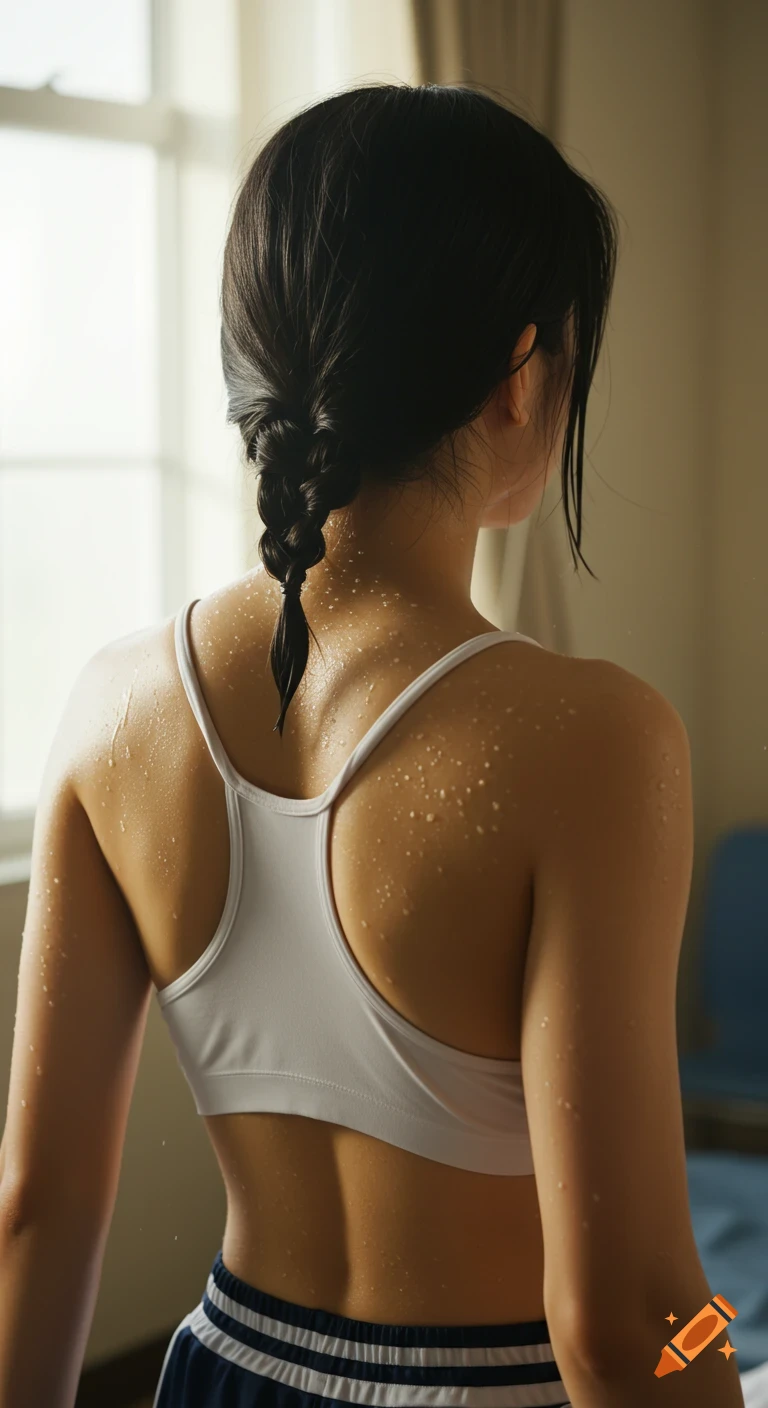A young woman seen from behind, with dark hair braided and sweat on her back, wearing a white sports bra and striped shorts, in a sunlit room.