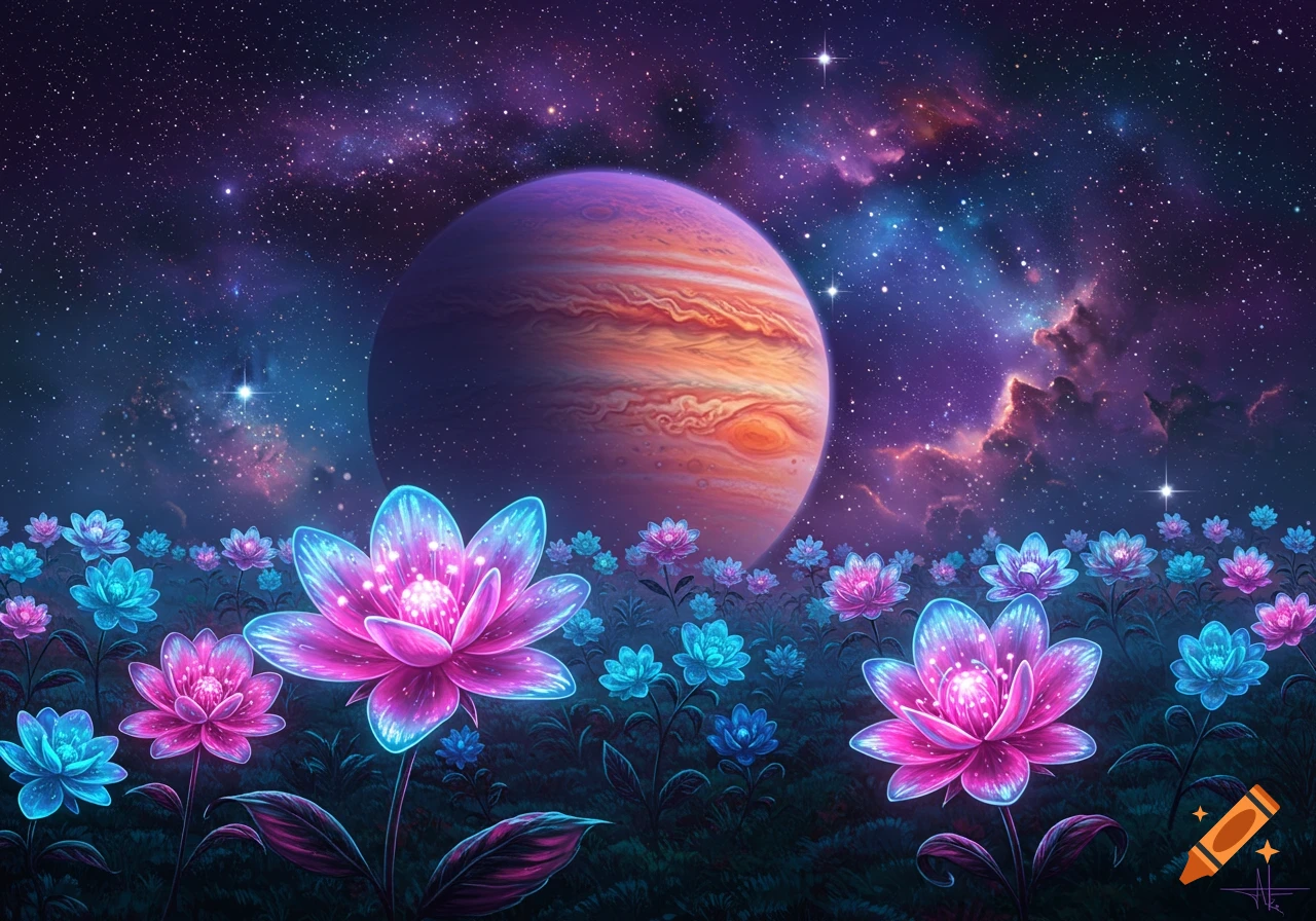 A vibrant cosmic landscape with a field of glowing pink and blue flowers under a starry sky and a large, banded planet.