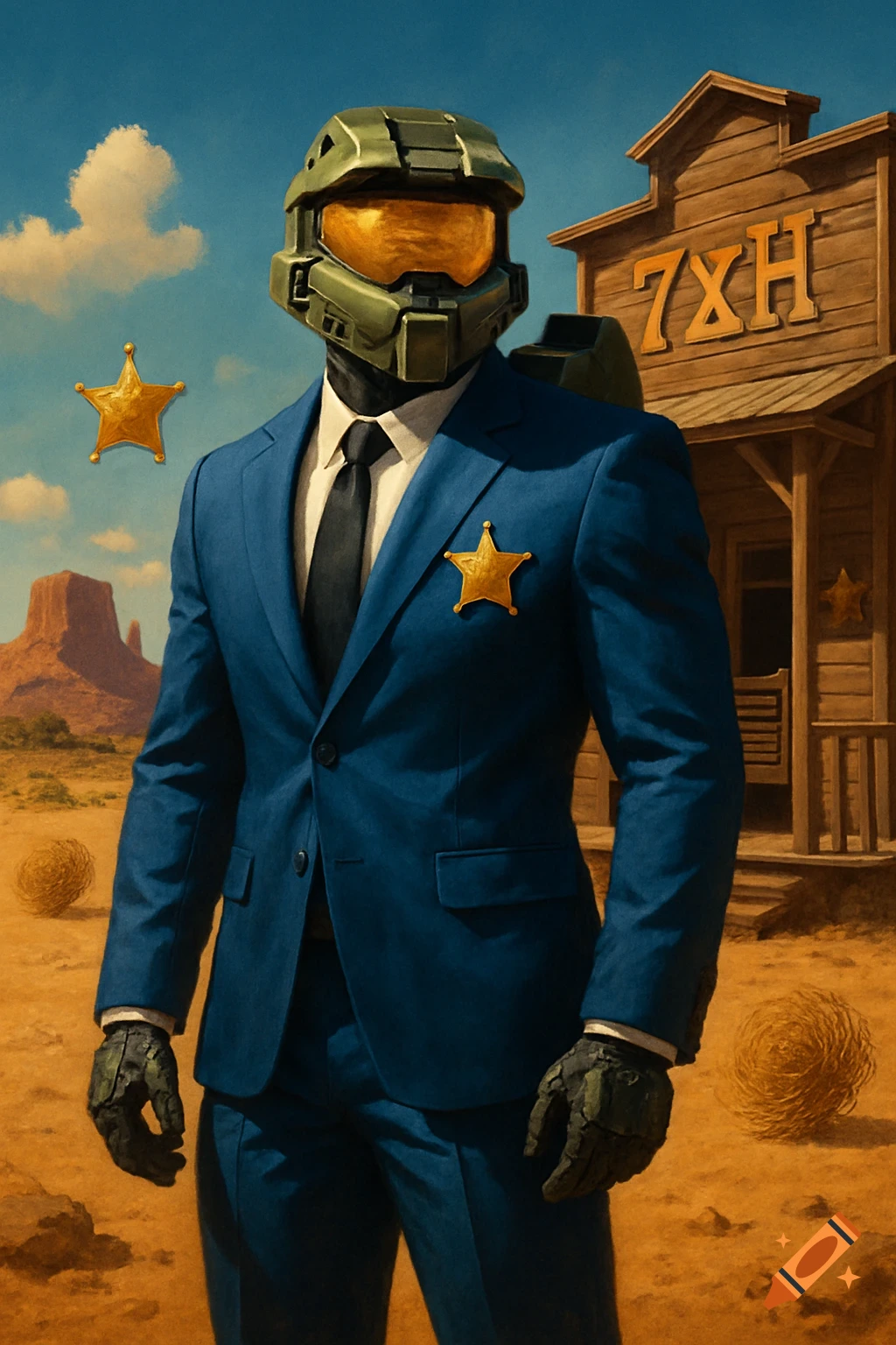 Master Chief in a blue suit with a sheriff's badge stands in a Wild West desert town. A wooden building with "7XH" is behind him. Digital painting.