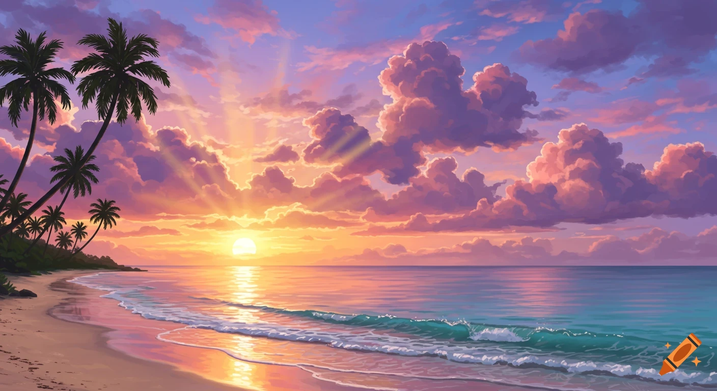 A vibrant sunset over a tropical beach with palm trees silhouetted against a colorful sky and gentle waves on the shore in an illustrative style.