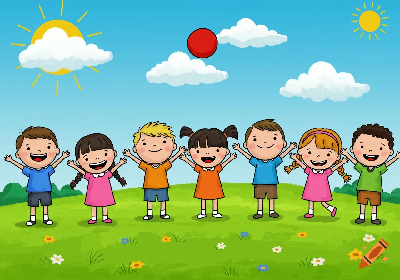 Happy cartoon children in colorful clothes stand in a row in a grassy field under a sunny sky with a red ball.