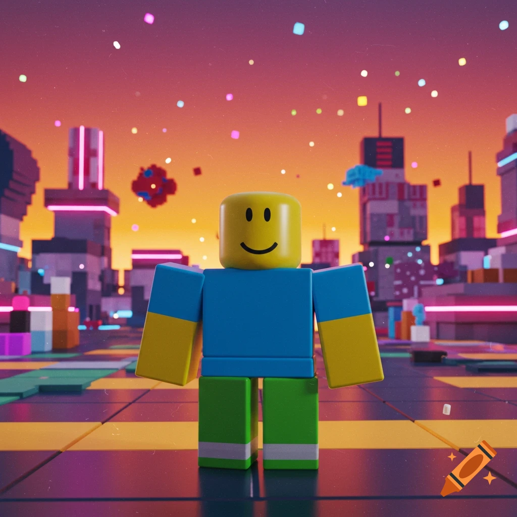 A smiling Roblox noob character stands in a vibrant, pixelated cityscape with a colorful sunset sky.