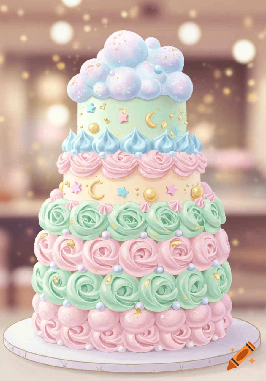 A tall, multi-tiered pastel cake with pink, green, and blue frosting rosettes, stars, moons, and fluffy cloud-like topping.