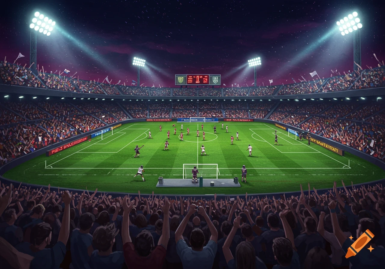 An aerial view of a packed soccer stadium at night, with a game in progress under bright stadium lights, in a stylized illustration.