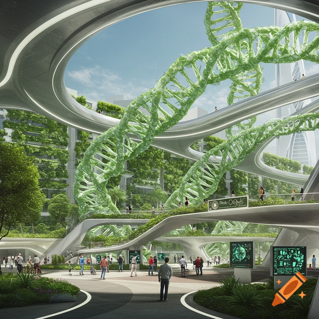 A futuristic biophilic city park with massive green DNA helix structures and sleek white architectural elements, bustling with people.