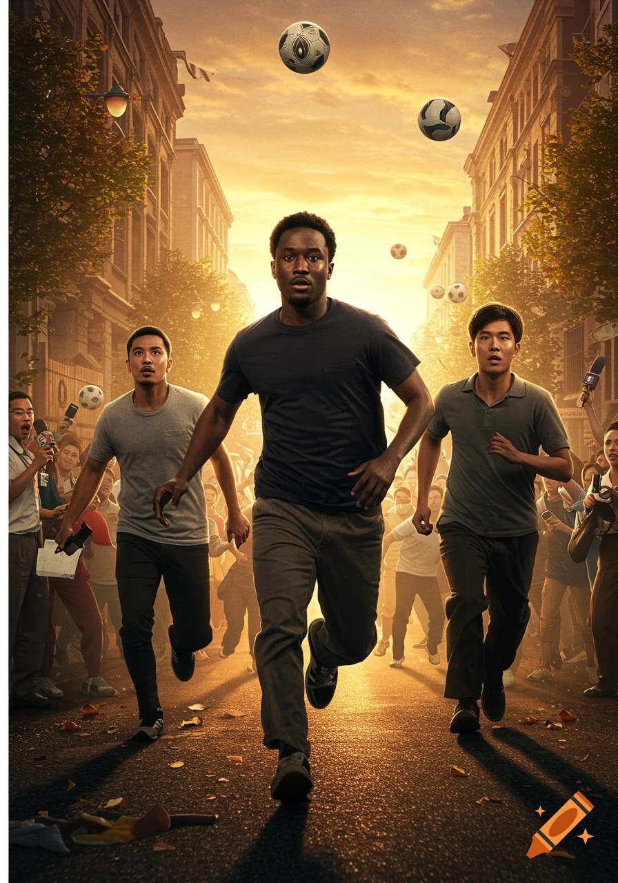 Three men run intently down a city street at sunset, pursued by a chaotic crowd and floating soccer balls. Photorealistic style.