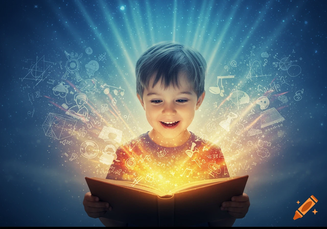 A happy child gazes at a glowing book from which light and abstract learning symbols emanate, against a starry blue background.
