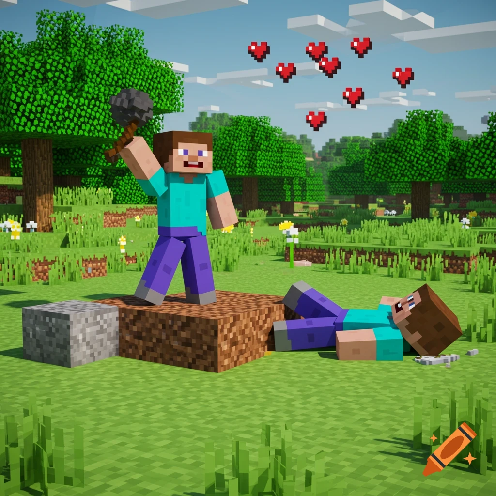 A Minecraft scene with one Steve character standing triumphantly with a mace over another defeated Steve, from whom red hearts float into the sky.