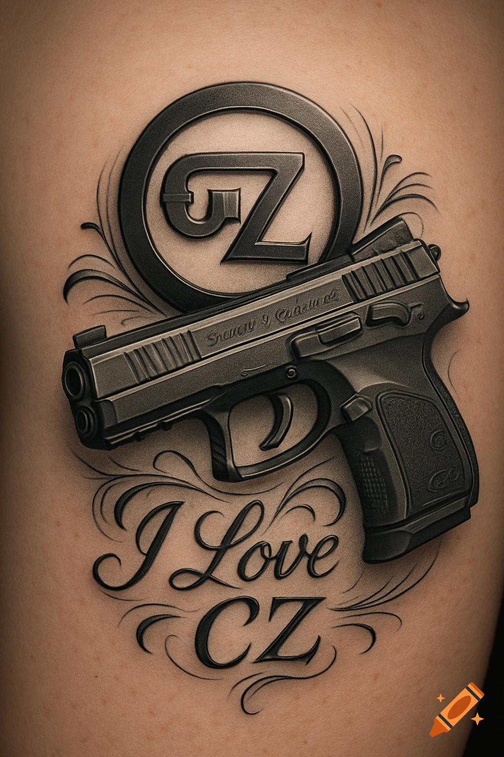 A realistic black and grey tattoo of a handgun, a CZ logo, and 'I Love CZ' text on human skin.