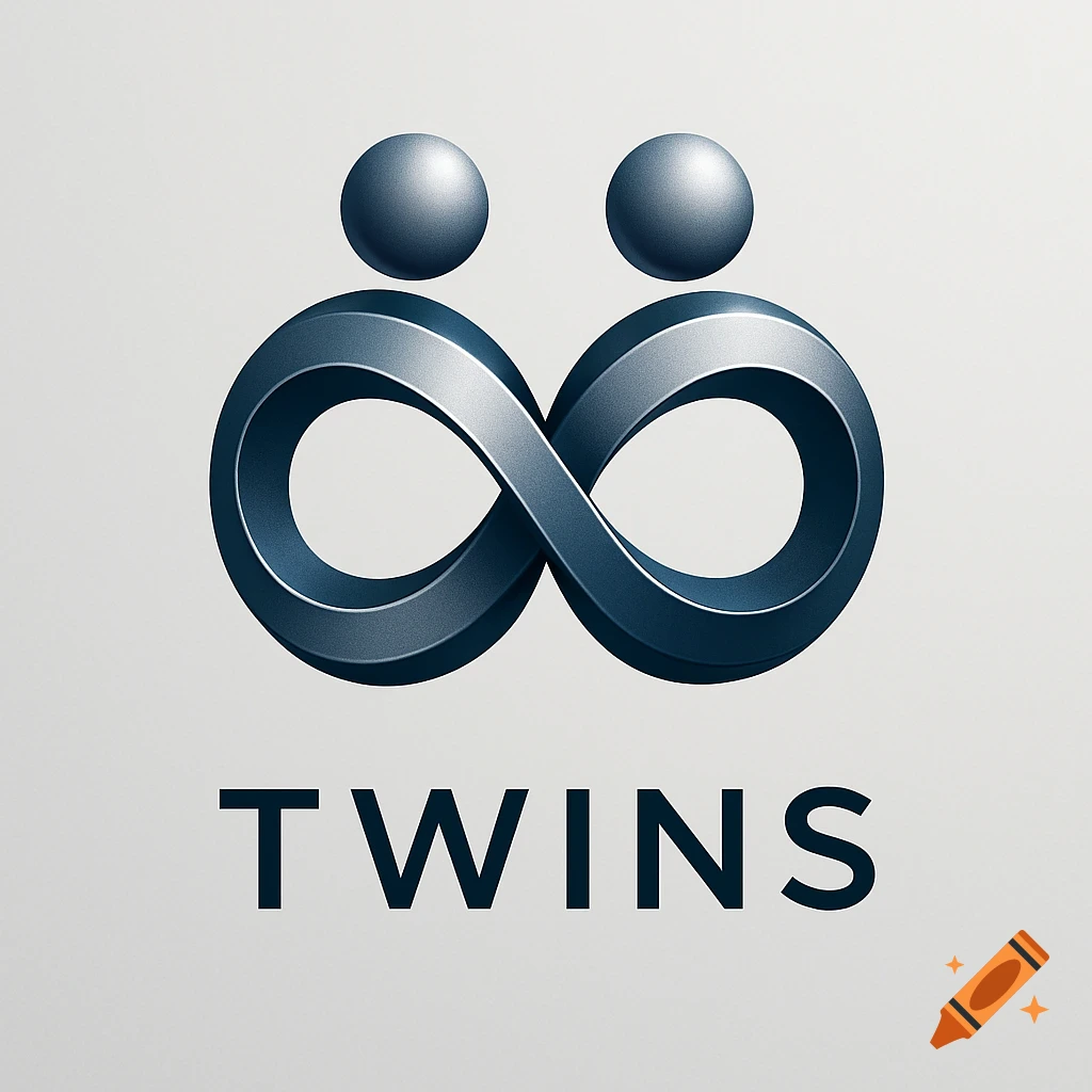 A metallic 3D logo featuring an infinity symbol with two spheres above, and the word TWINS in bold letters below.