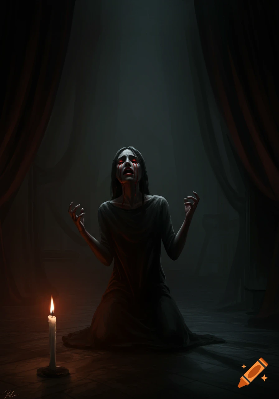 A distressed woman kneels in a dark room, crying red tears, illuminated by a single candle, with hands raised in despair.