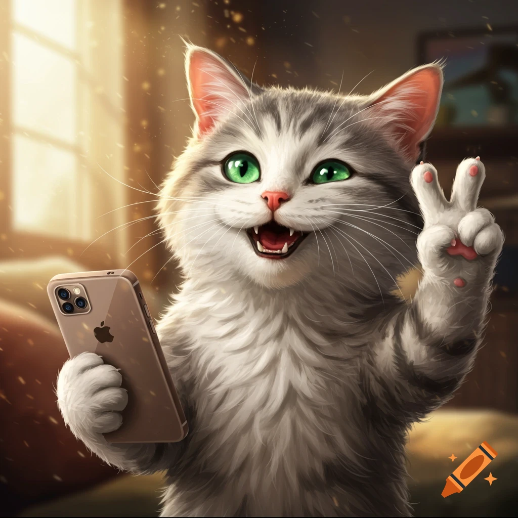 A cute fluffy gray and white cartoon cat with bright green eyes smiles widely, holding a smartphone and making a peace sign with its paw.