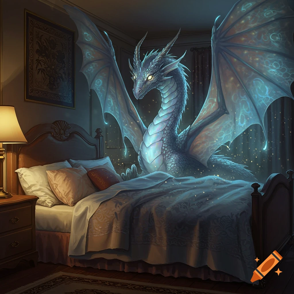 A majestic blue-scaled dragon with glowing wings sits on a bed in a dimly lit, cozy bedroom, surrounded by magical sparkles.