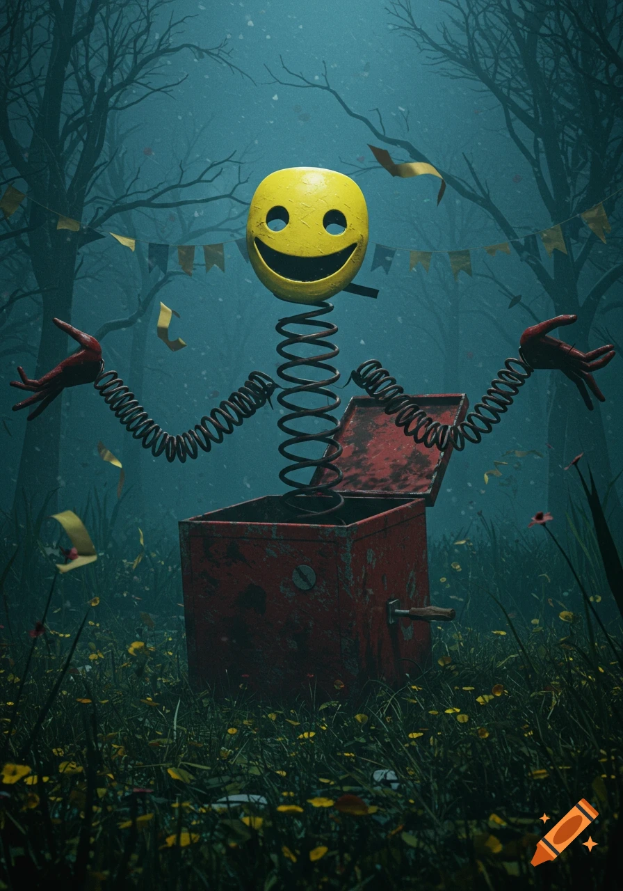A creepy jack-in-the-box with a yellow smiley mask and spring limbs in a dark, misty forest with wildflowers and bunting.