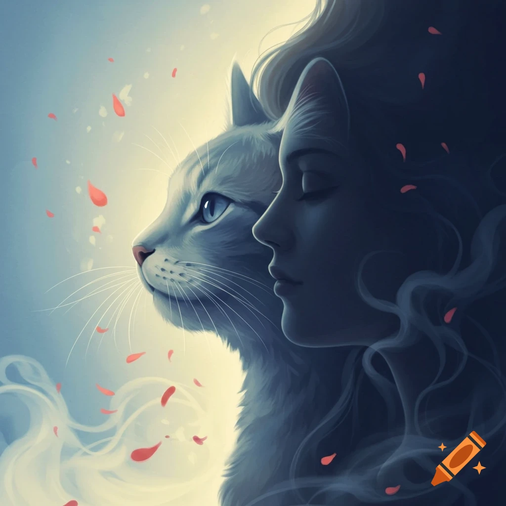 Ethereal artistic portrait of a white cat's profile looking left and a woman's profile looking right, surrounded by floating red petals.