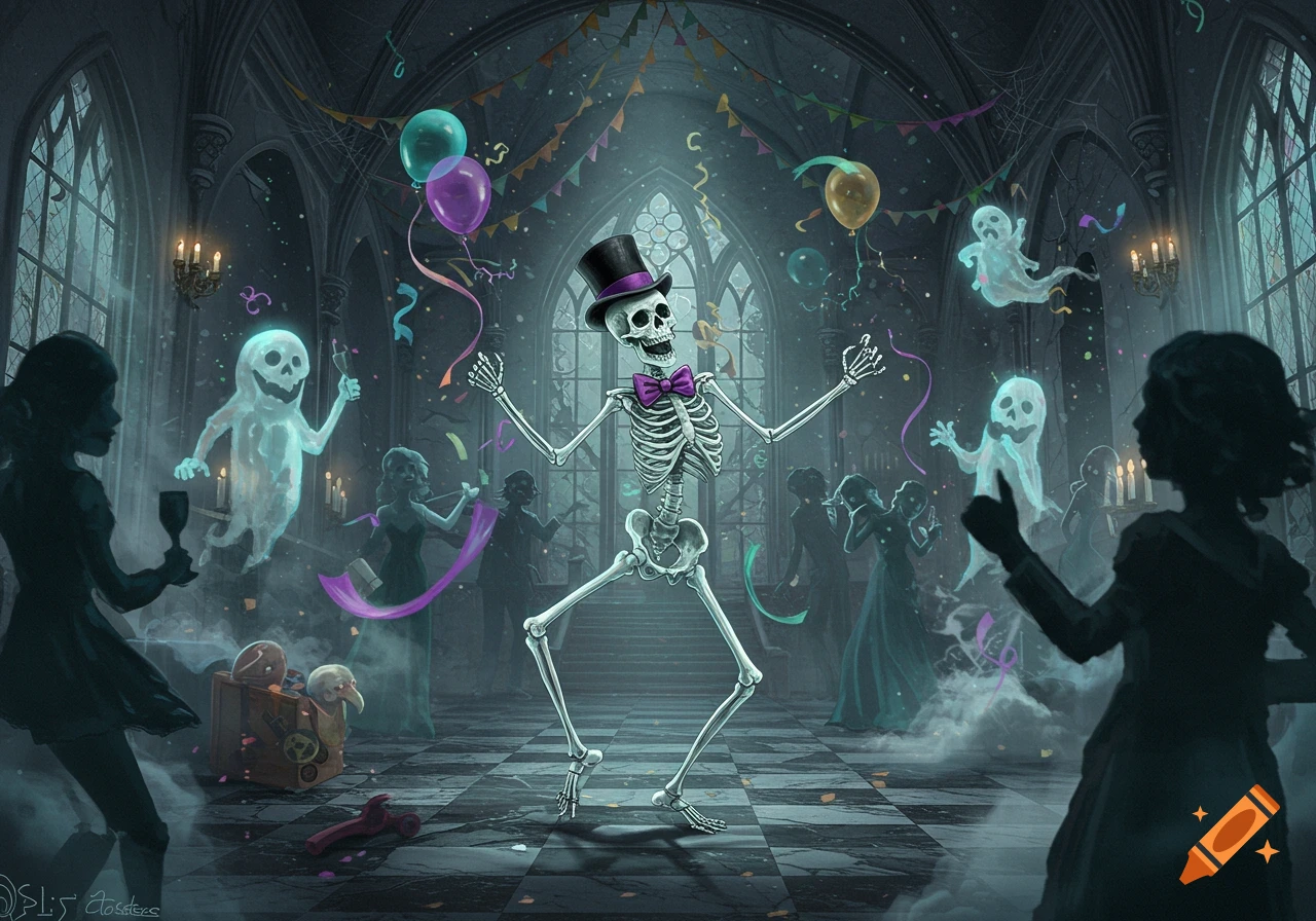 A skeleton in a top hat and bow tie dances at a spooky party in a gothic hall, surrounded by ghosts, balloons, and confetti.