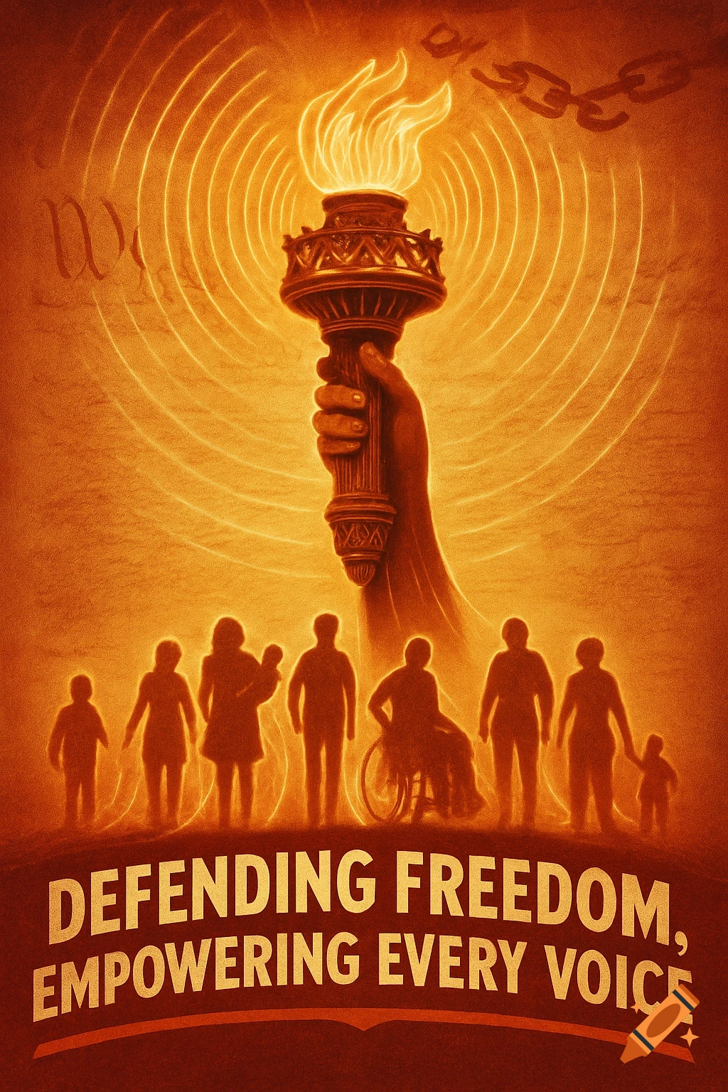 A stylized political poster with a hand holding a glowing torch above silhouettes of diverse people. Text reads: 'DEFENDING FREEDOM, EMPOWERING EVERY VOICE'.