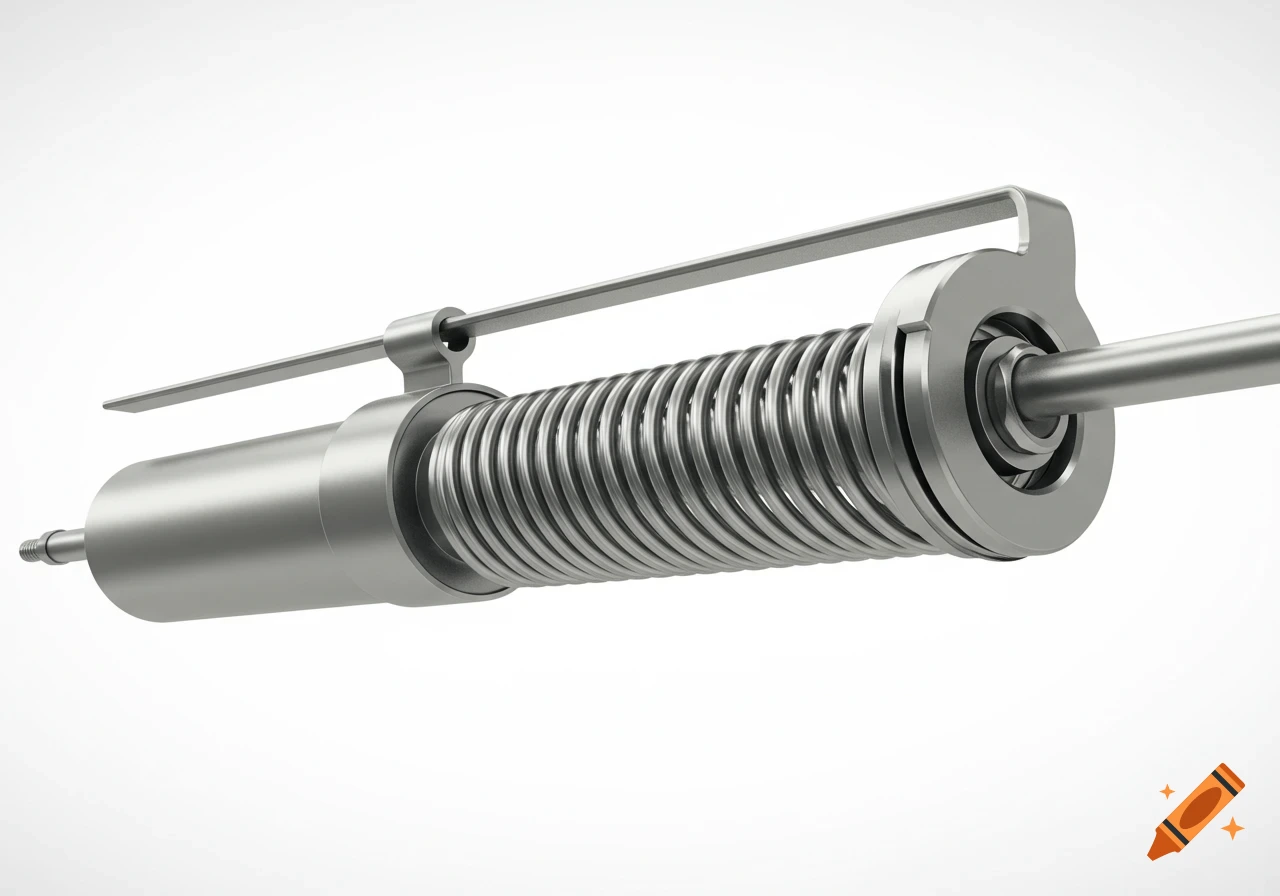 A silver metallic torsion spring mechanism with a long rod on a clean white background.