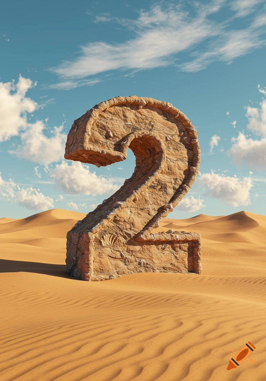 A large, textured rock formation in the shape of the number '2' stands in a vast, rippled sand desert under a blue sky with clouds.