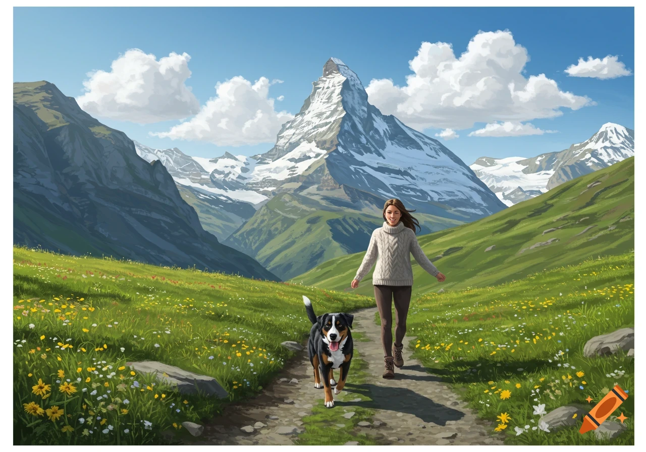 An illustrated woman and an Appenzeller Sennenhund dog hike on a mountain path through a wildflower field.