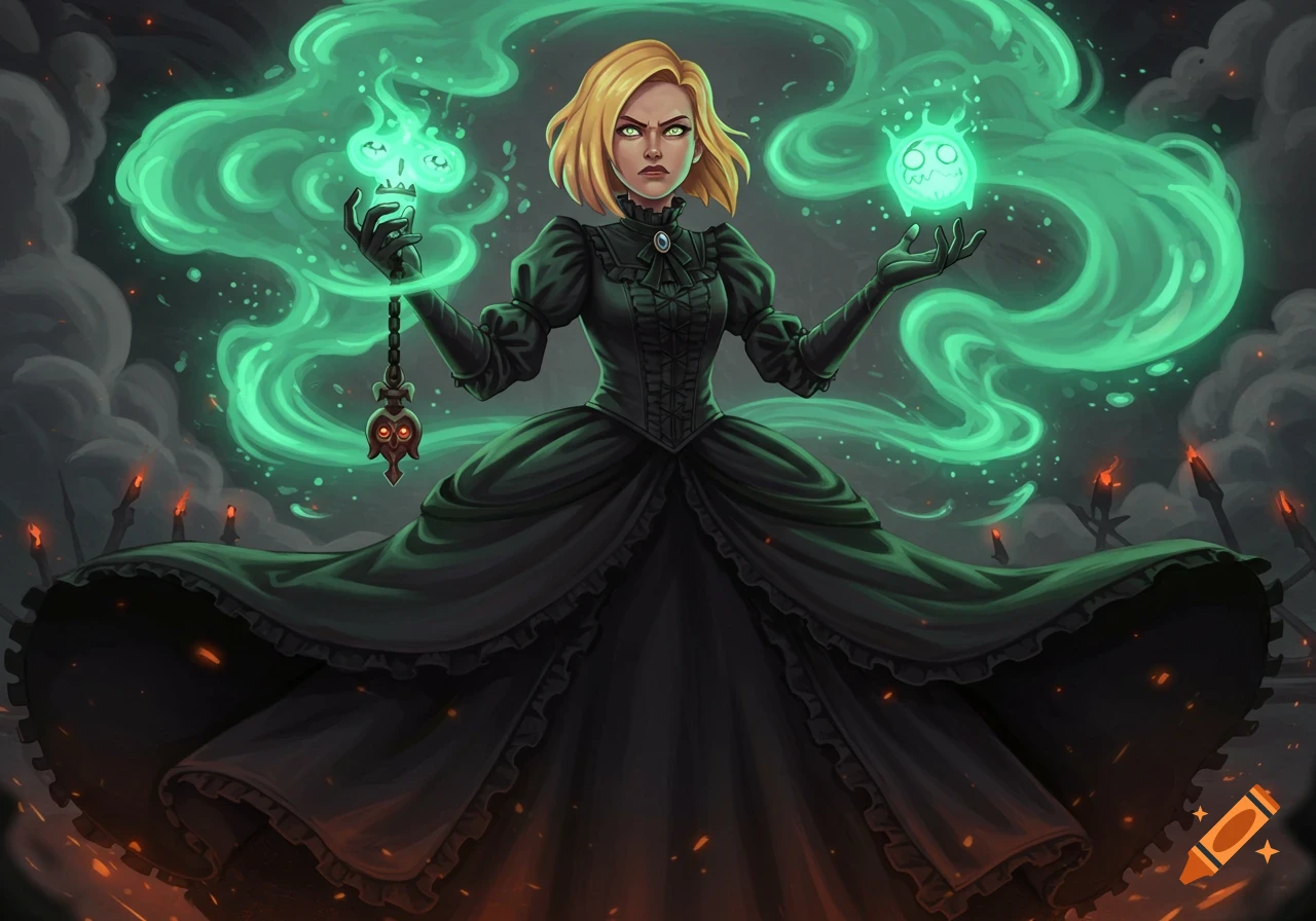Adult Sasha Waybright in a black Victorian dress conjuring green magical smoke from a relicary in a dark, fiery landscape.