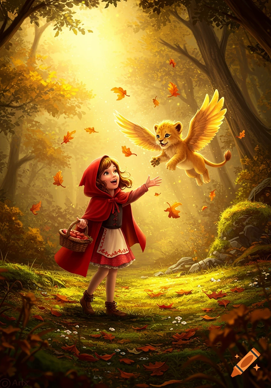 Little Red Riding Hood playing with a winged lion cub in a magical, sunlit autumn forest with falling leaves.