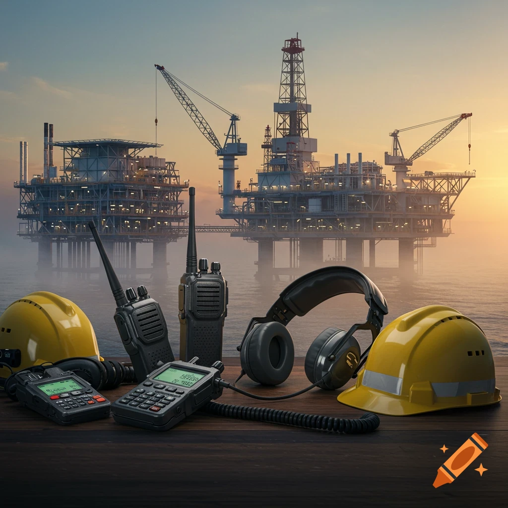 Two yellow hard hats, walkie-talkies, and headphones on a wooden surface with offshore oil platforms in the background at sunset.
