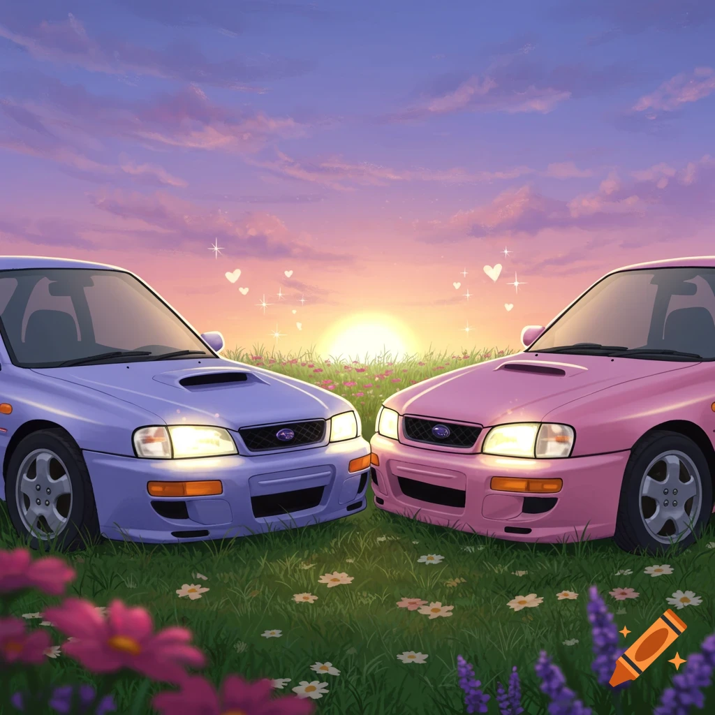 Two stylized purple and pink Subaru cars in a flower-filled field, facing each other at sunset with hearts and sparkles in the sky.