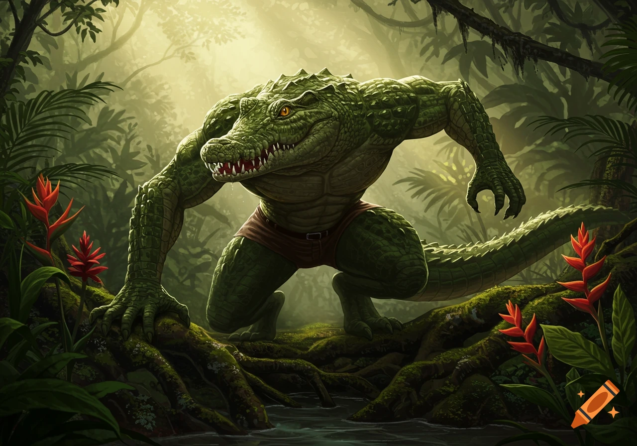 Muscular anthropomorphic crocodile man in shorts crawls through a vibrant jungle with red flowers and glowing light.