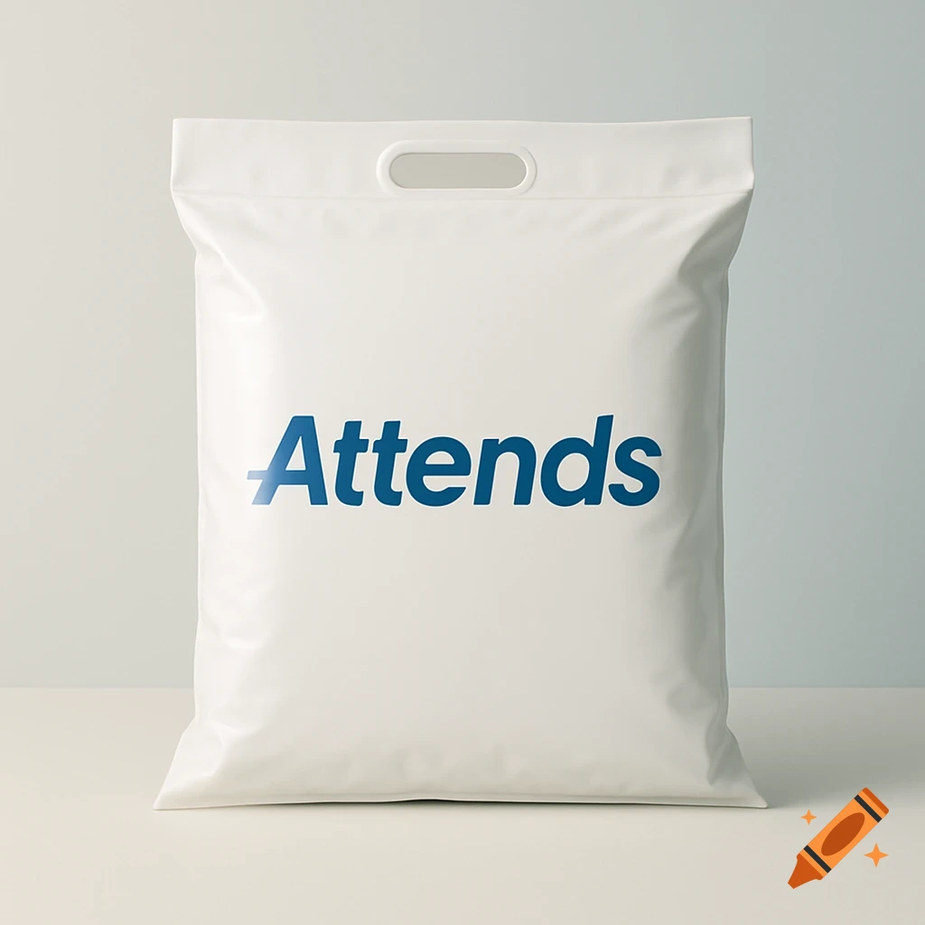 A white plastic package with a die-cut handle, featuring the word "Attends" in blue text on the front, set against a light background.