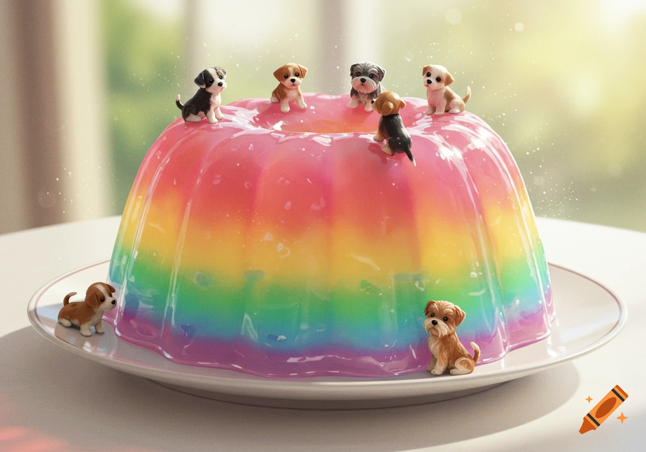 Photorealistic image of a vibrant rainbow jelly dessert topped and surrounded by several tiny puppies on a white plate.