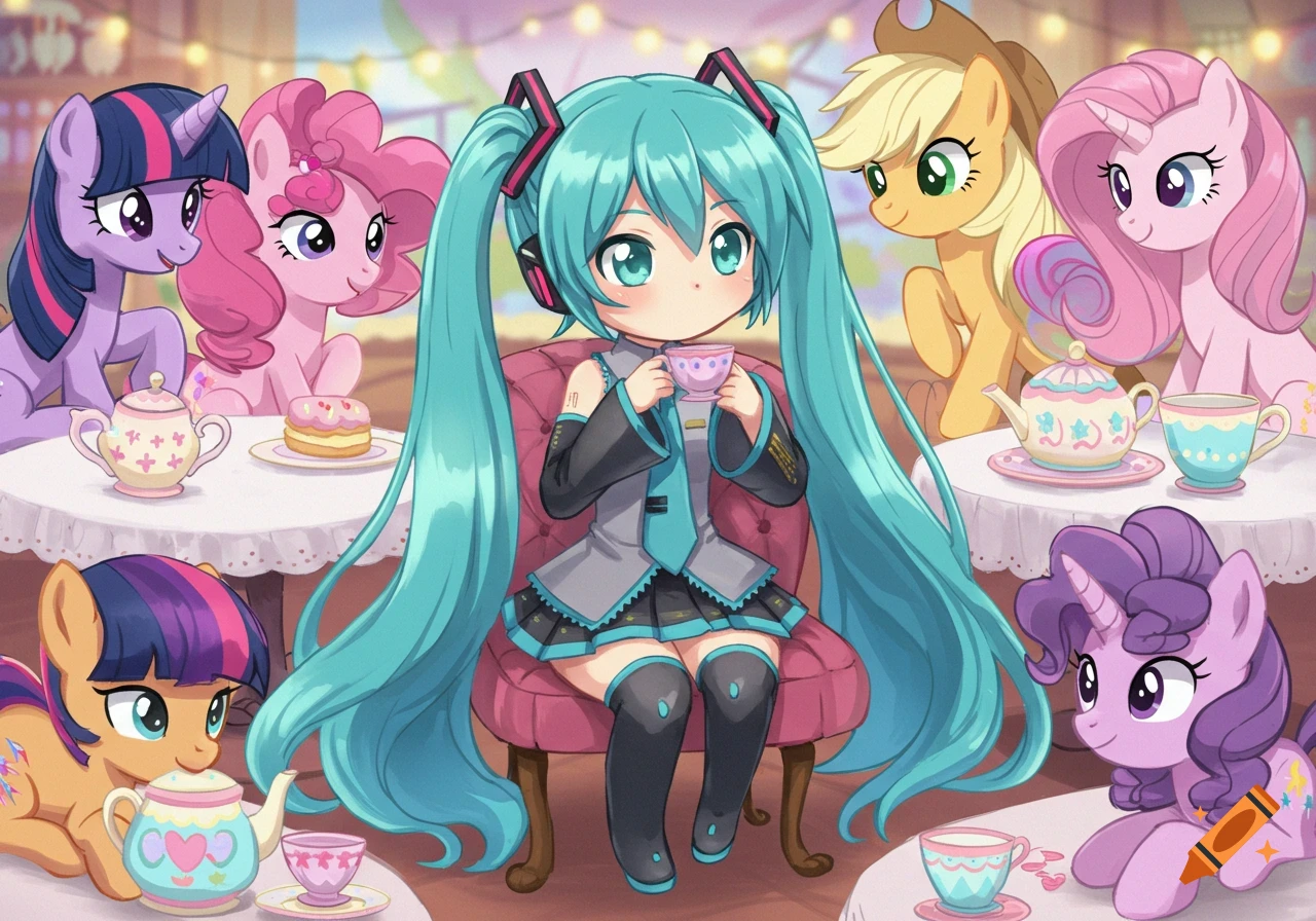 A chibi Hatsune Miku sits at a tea party, drinking from a teacup, surrounded by various My Little Pony characters in a colorful, bright cartoon style.