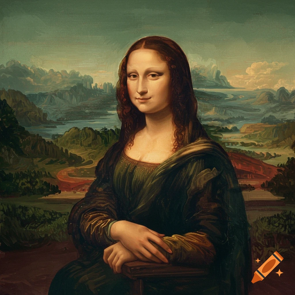 A classical portrait resembling the Mona Lisa, showing a woman with a soft smile against a landscape.