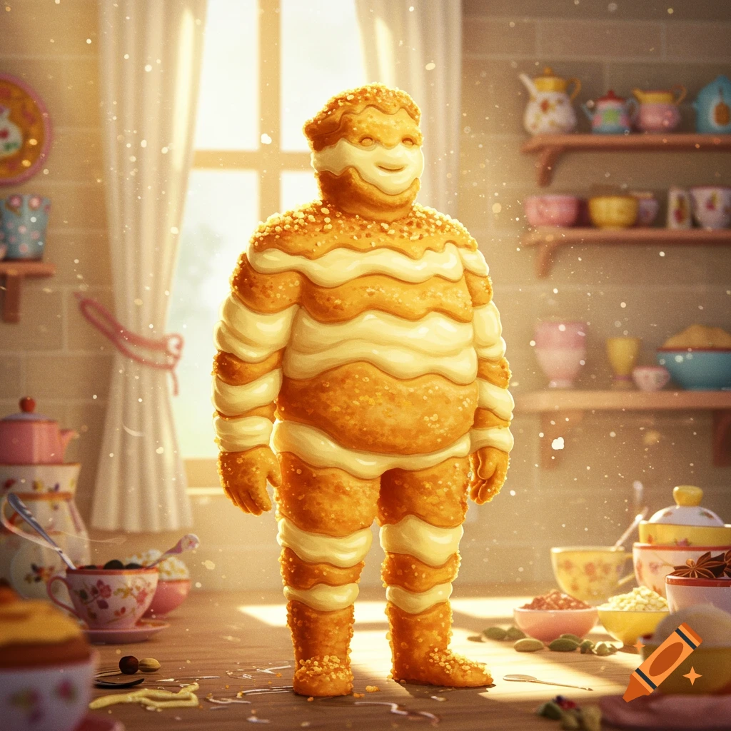 A whimsical anthropomorphic figure made of crumble and custard stands in a sunlit kitchen, surrounded by teacups.