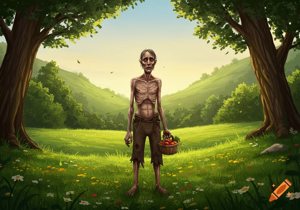A gaunt, emaciated man with tattered clothes stands in a vibrant green meadow with flowers and trees, holding a basket of red fruits.