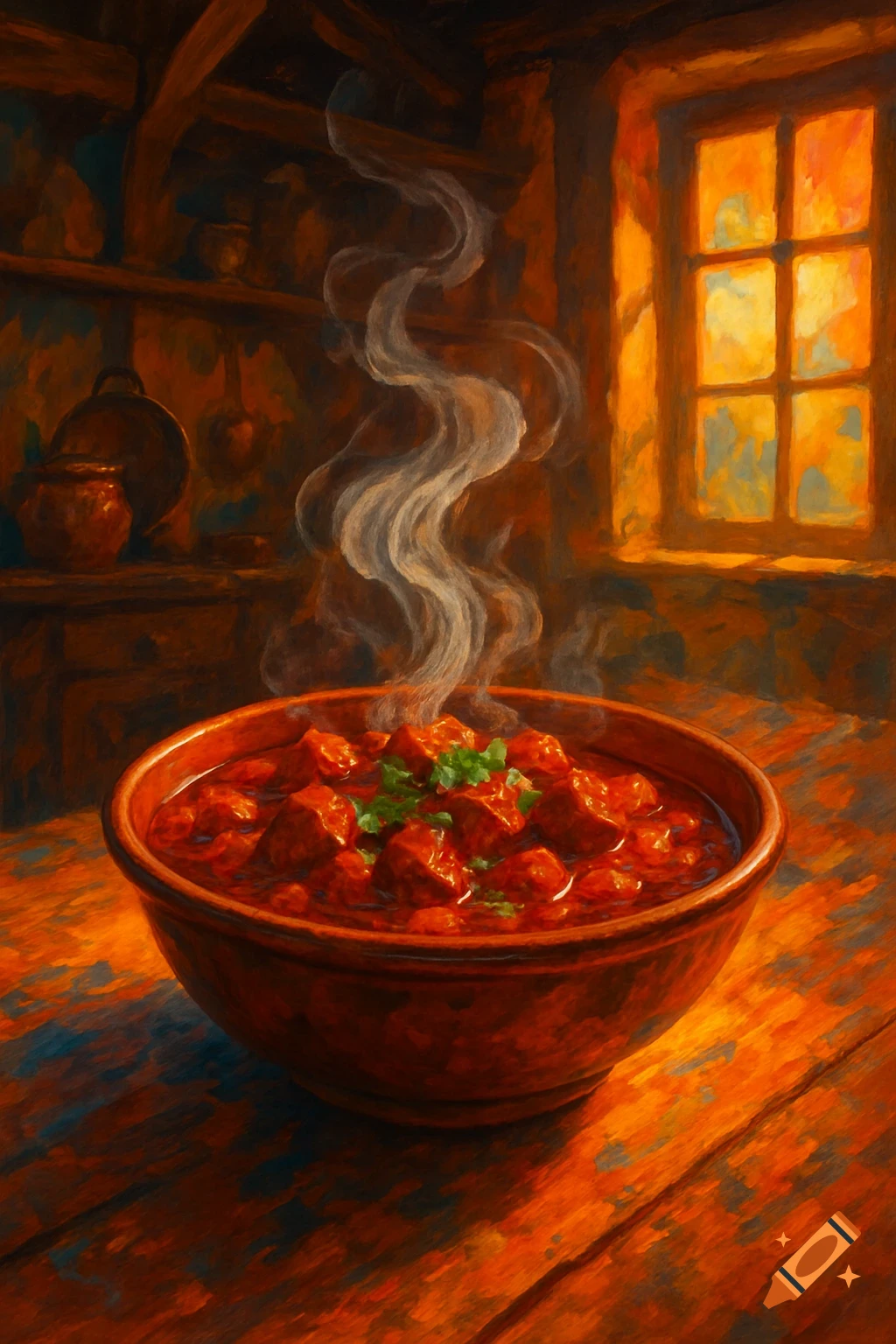 A steaming bowl of goulash with parsley on a rustic wooden table, rendered in a painterly style, with a warm window in the background.