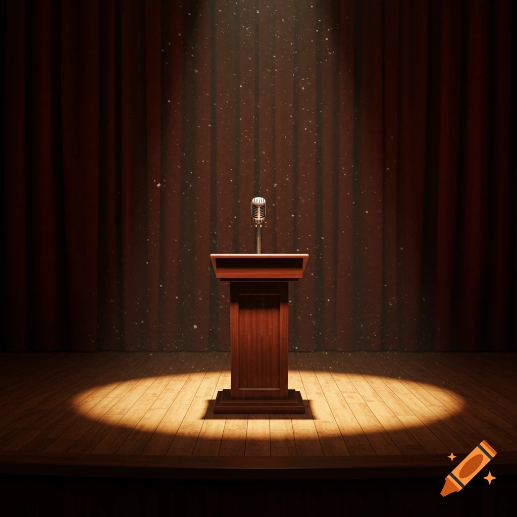 An empty stage with a wooden podium and a vintage microphone, illuminated by a single spotlight against red curtains.