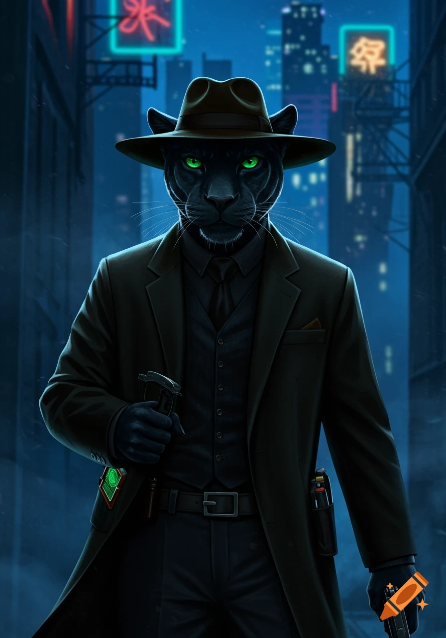 A black panther in a dark suit, waistcoat, and fedora stands in a dimly lit urban alley with glowing neon signs. The panther has bright green eyes and holds a gun and a metallic tool.