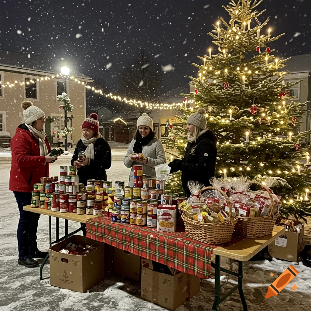 A group of people around a table piled with canned goods and gift baskets, under falling snow next to a lit Christmas tree at night.