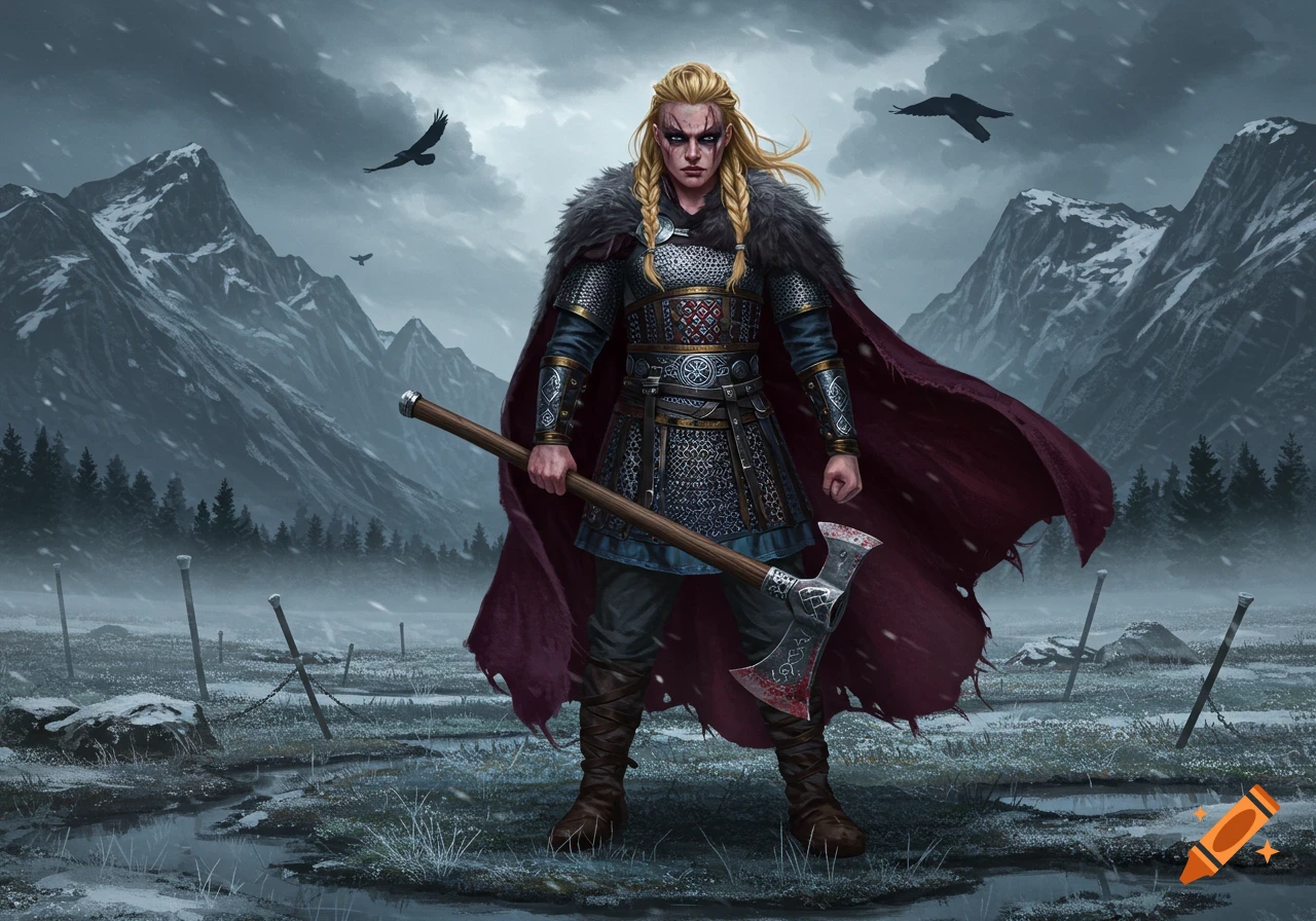 A female Viking warrior with blonde braided hair, armor, and a red cape stands in a snowy mountain landscape holding a bloody double-bladed axe.