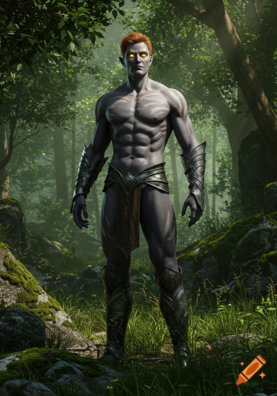 A muscular dark elf with pale grey skin, short red hair, and glowing golden eyes stands in a lush forest, wearing ornate armor.