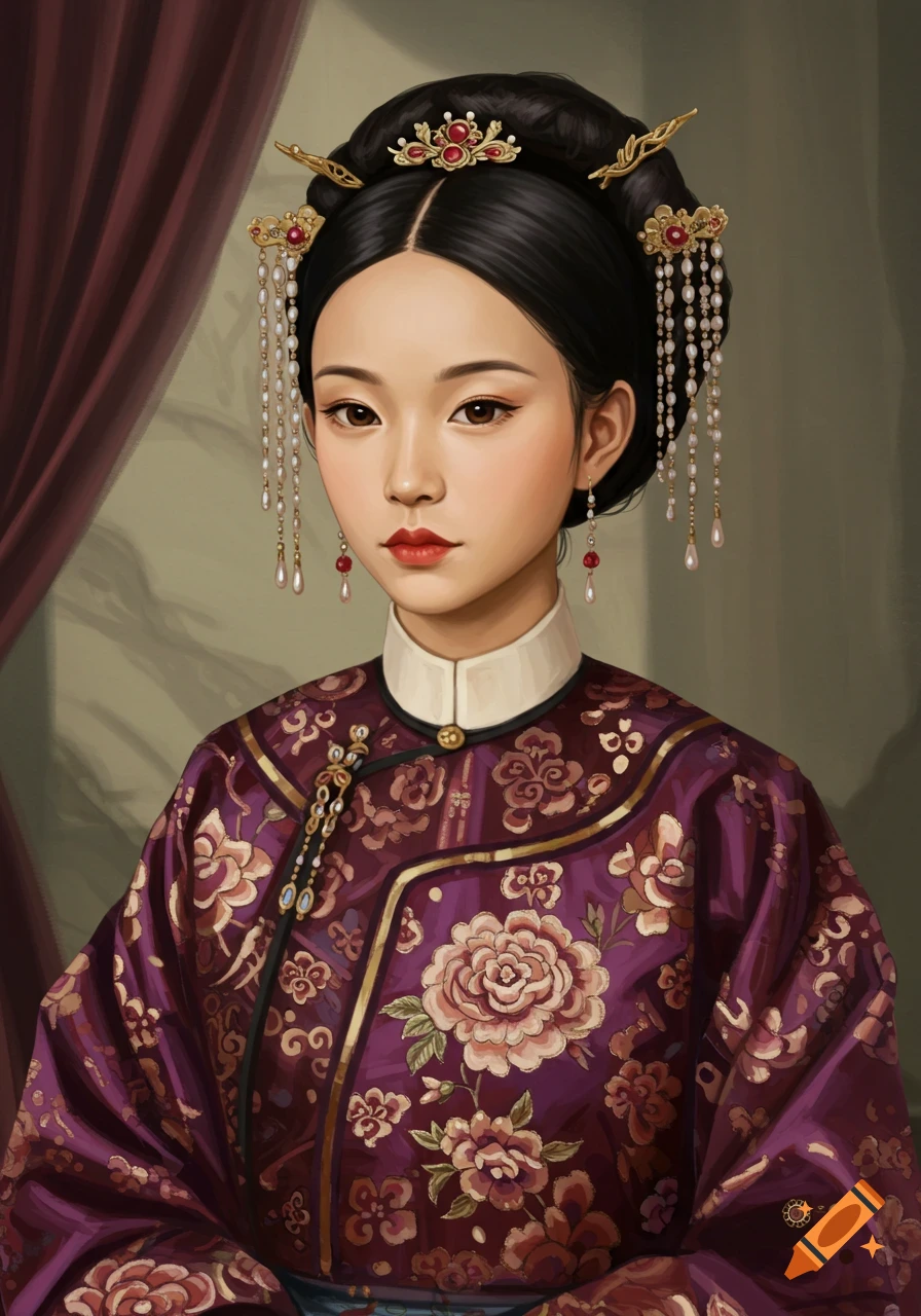 A painted portrait of an Asian woman in a dark purple floral embroidered traditional gown, with elaborate pearl and gold hair ornaments.