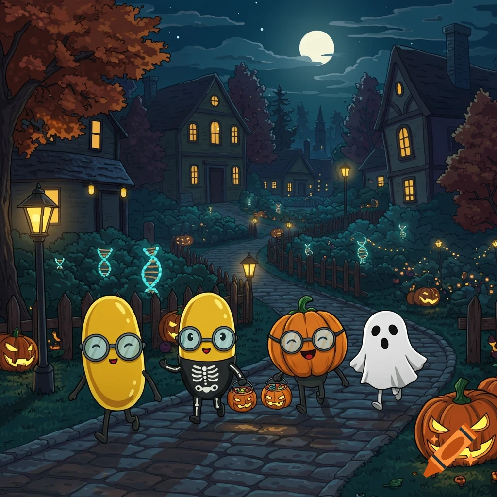 Four cartoon characters (two capsule-shaped, a pumpkin, and a ghost) trick-or-treating on a village street at night, decorated with glowing DNA and jack-o-lanterns.