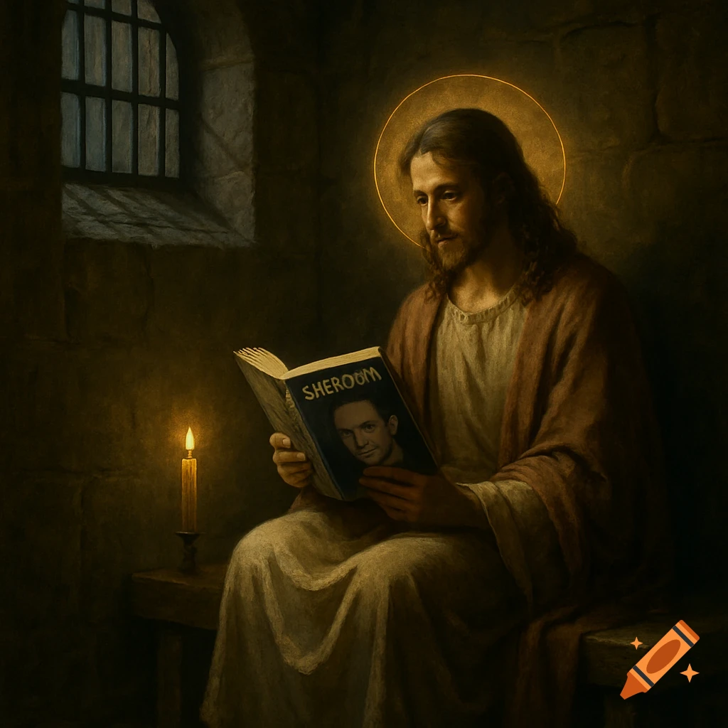 A painting of Jesus Christ with a halo, sitting in a dimly lit prison cell, reading a book titled "SHEROOM" with a man's face on the cover.